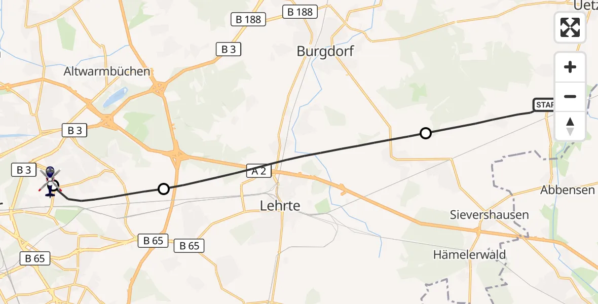 Flugroute Polizeihubschrauber Uetze - Hannover Luftrettung Hubschrauberlandeplatz (Christoph 4), 04 Oktober 2026, 13:54