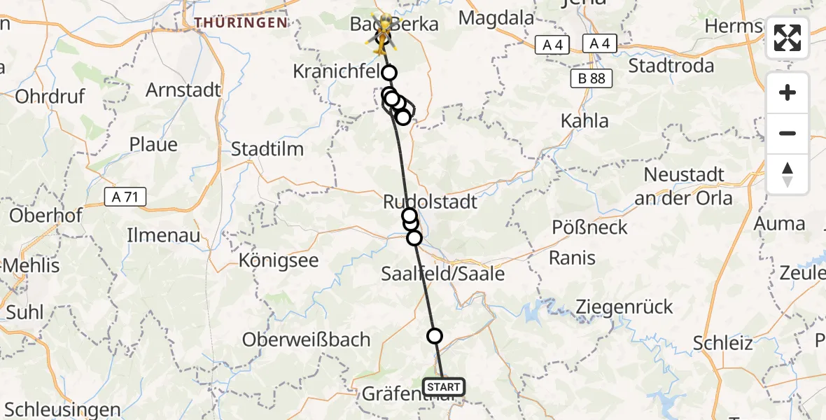 Flugroute Rettungshubschrauber Probstzella - Bad Berka Central Hospital, 04 Oktober 2026, 13:55