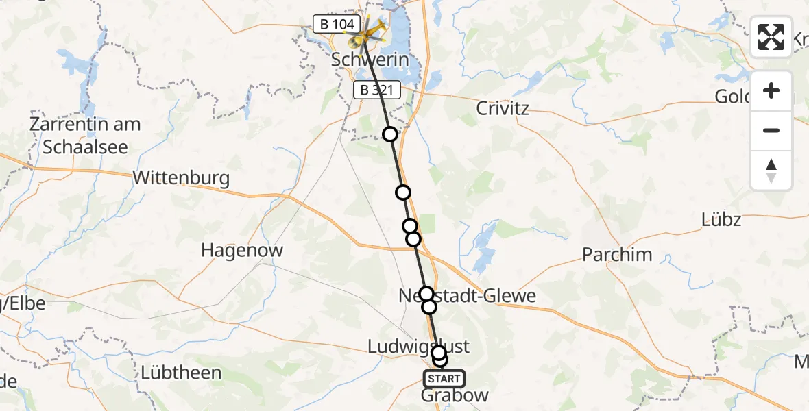 Flugroute Rettungshubschrauber Grabow - Schwerin, 04 Oktober 2026, 13:59