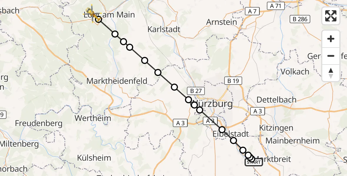 Flugroute Rettungshubschrauber Ochsenfurt Hospital - Lohr a.Main, 04 Oktober 2026, 14:05