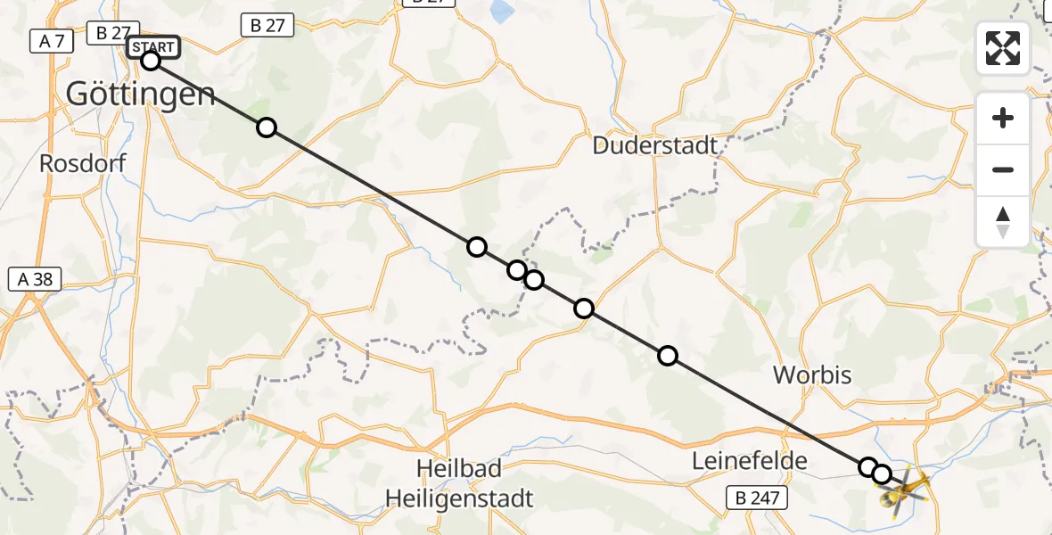 Flugroute Rettungshubschrauber Göttingen University Clinic Hubschrauberlandeplatz - Niederorschel, 04 Oktober 2026, 14:07