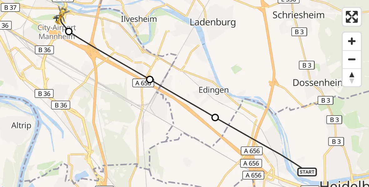 Flugroute Rettungshubschrauber Heidelberg - Mannheim-City Flughafen, 04 Oktober 2026, 14:13