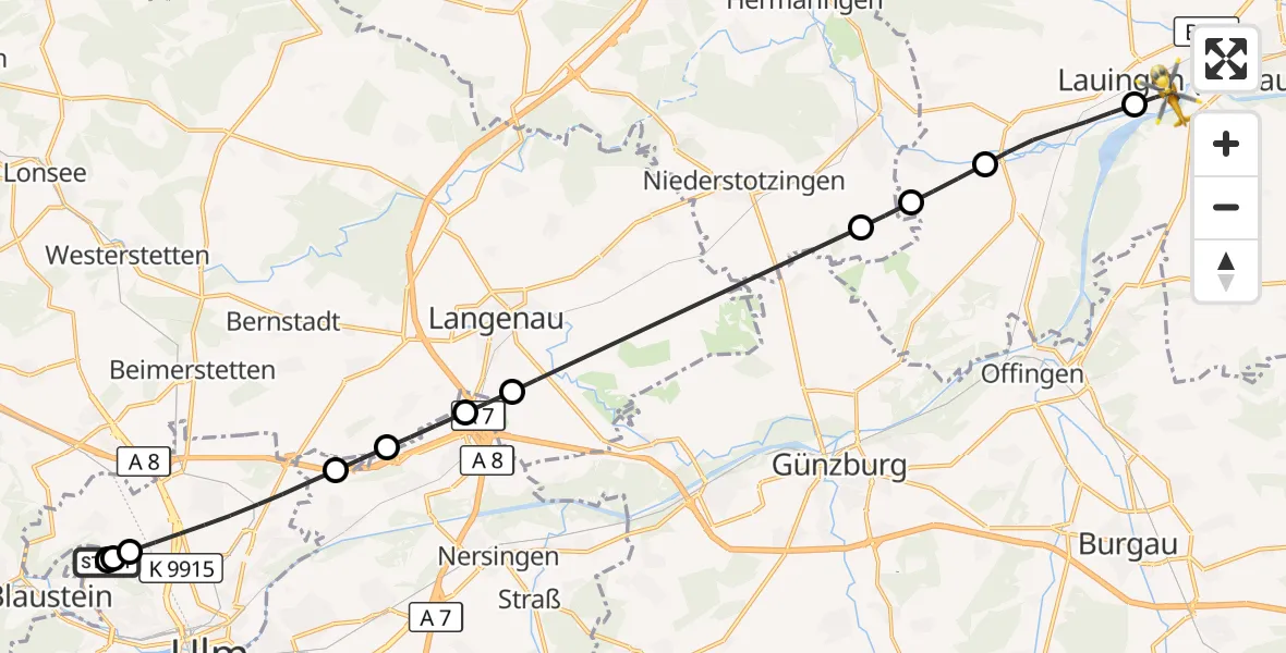Flugroute Rettungshubschrauber Ulm Military Hospital Emergency - Lauingen (Donau), 04 Oktober 2026, 14:14