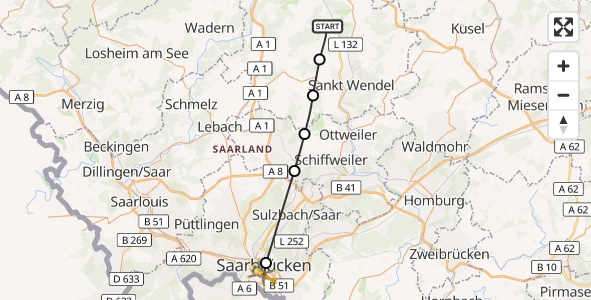 Flugroute Rettungshubschrauber Oberthal - Saarbrücken, 04 Oktober 2026, 14:14