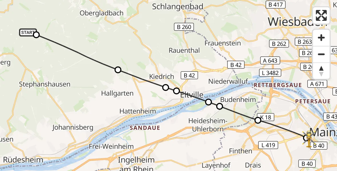 Flugroute Rettungshubschrauber Geisenheim - Mainz University Hospital, 04 Oktober 2026, 14:23