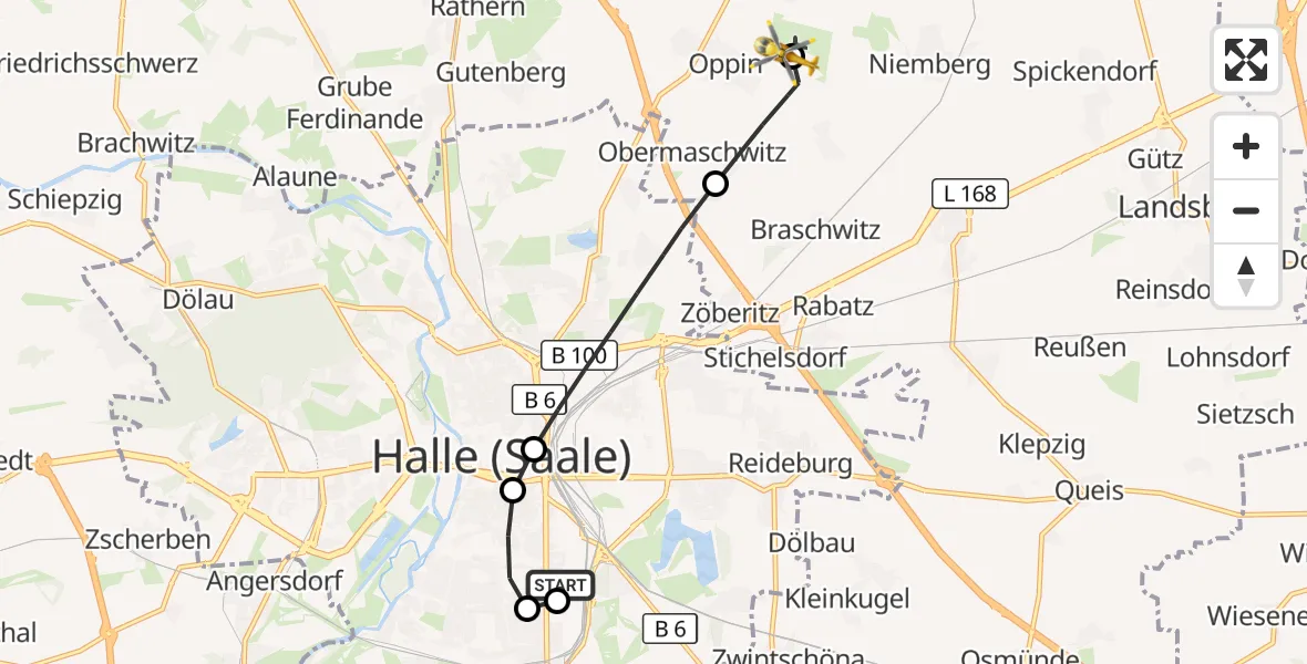 Flugroute Rettungshubschrauber BG Hospital Bergmannstrost Halle - Halle-Oppin Flugplatz, 04 Oktober 2026, 14:26