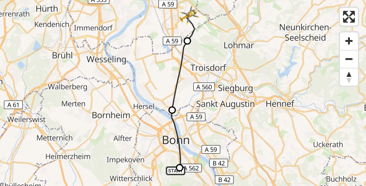 Flugroute Rettungshubschrauber Bonn University Hospital - Köln Bonn Flughafen, 04 Oktober 2026, 14:27