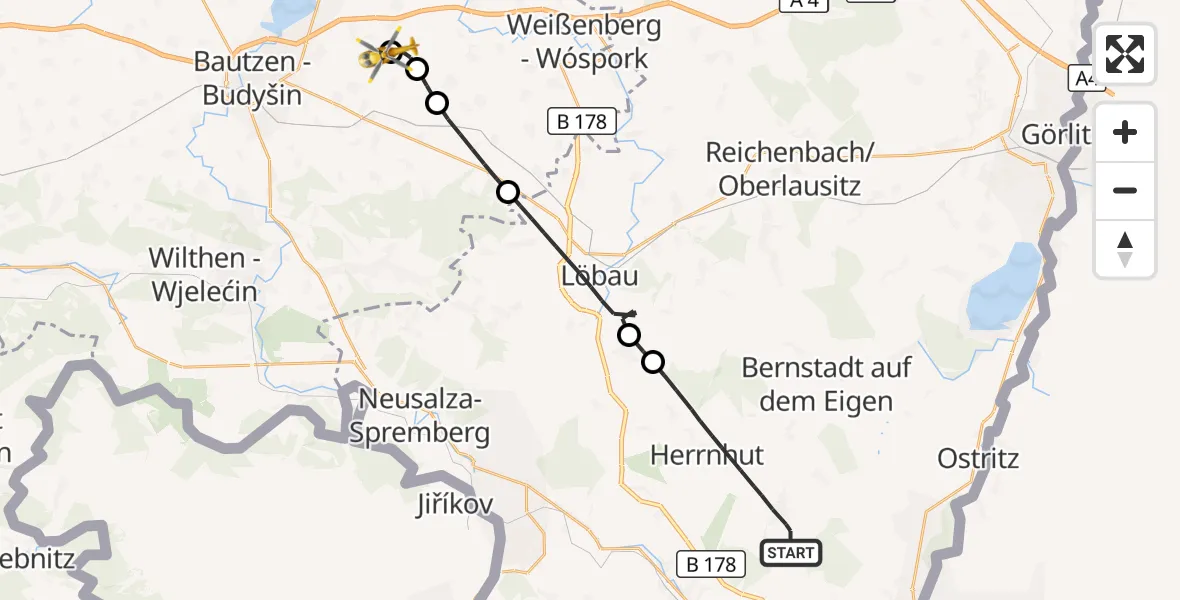 Flugroute Rettungshubschrauber Herrnhut - Bautzen Flugplatz, 04 Oktober 2026, 14:34