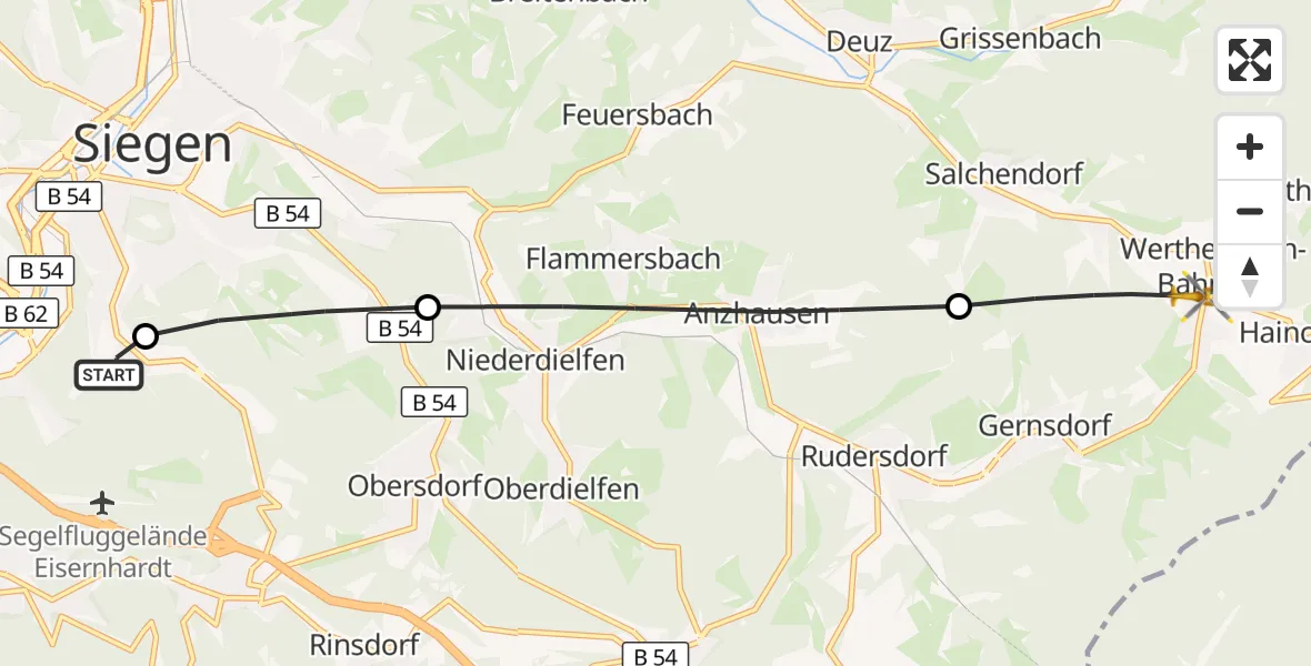 Flugroute Rettungshubschrauber Evangelisches Jung-Stilling Hospital - Netphen, 04 Oktober 2026, 14:35