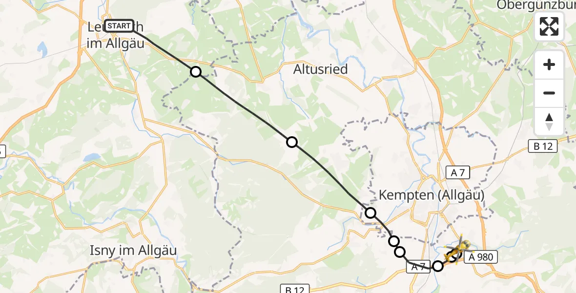Flugroute Rettungshubschrauber Leutkirch im Allgäu - Kempten-Durach Flugplatz, 04 Oktober 2026, 14:35