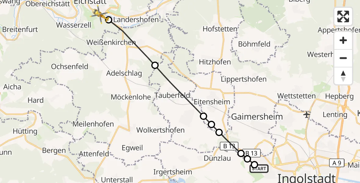 Flugroute Rettungshubschrauber Ingolstadt Hospital - Eichstätt, 04 Oktober 2026, 14:35