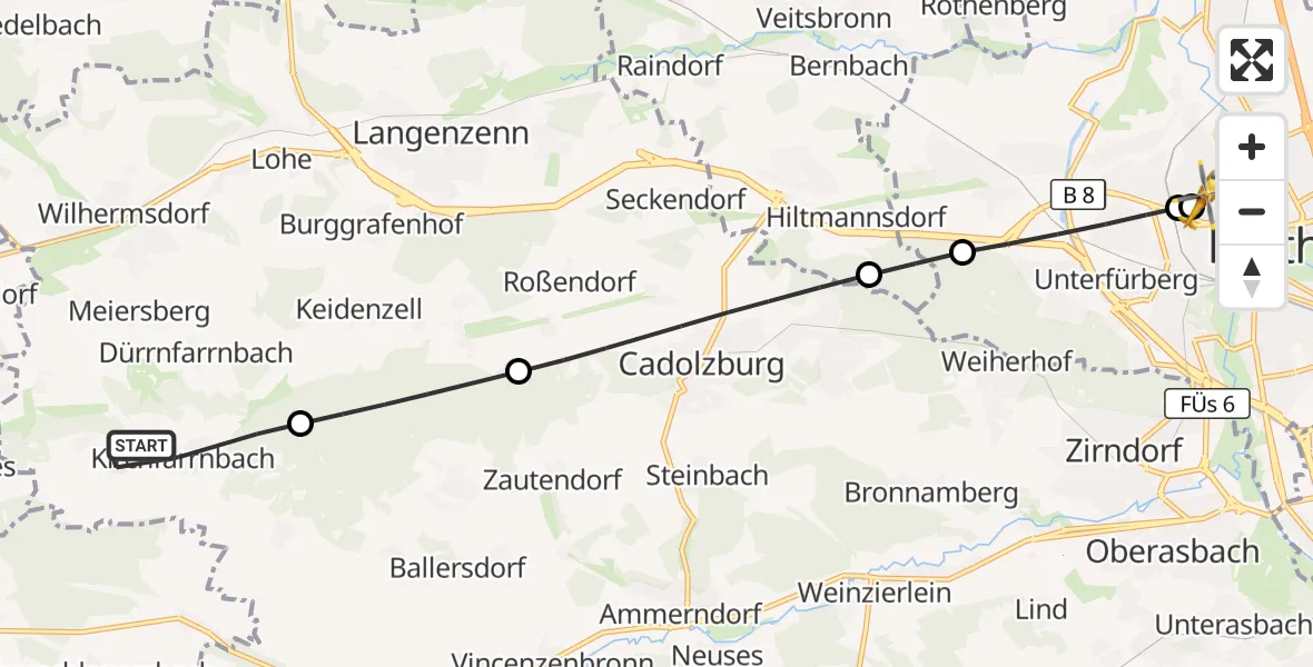 Flugroute Rettungshubschrauber Wilhermsdorf - Fürth Hospital, 04 Oktober 2026, 14:38