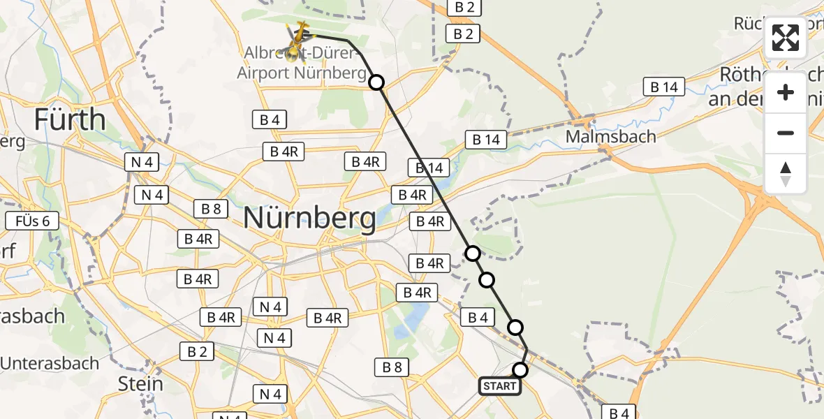 Flugroute Ambulanzhubschrauber Nürnberg South Hospital - Flughafen Nuremberg, 04 Oktober 2026, 14:42