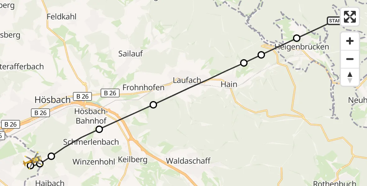 Flugroute Rettungshubschrauber Heinrichsthaler Forst - Aschaffenburg Hospital, 04 Oktober 2026, 14:55