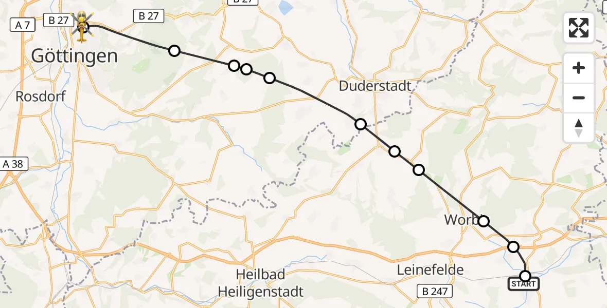 Flugroute Rettungshubschrauber Niederorschel - Göttingen University Clinic Hubschrauberlandeplatz, 04 Oktober 2026, 14:57