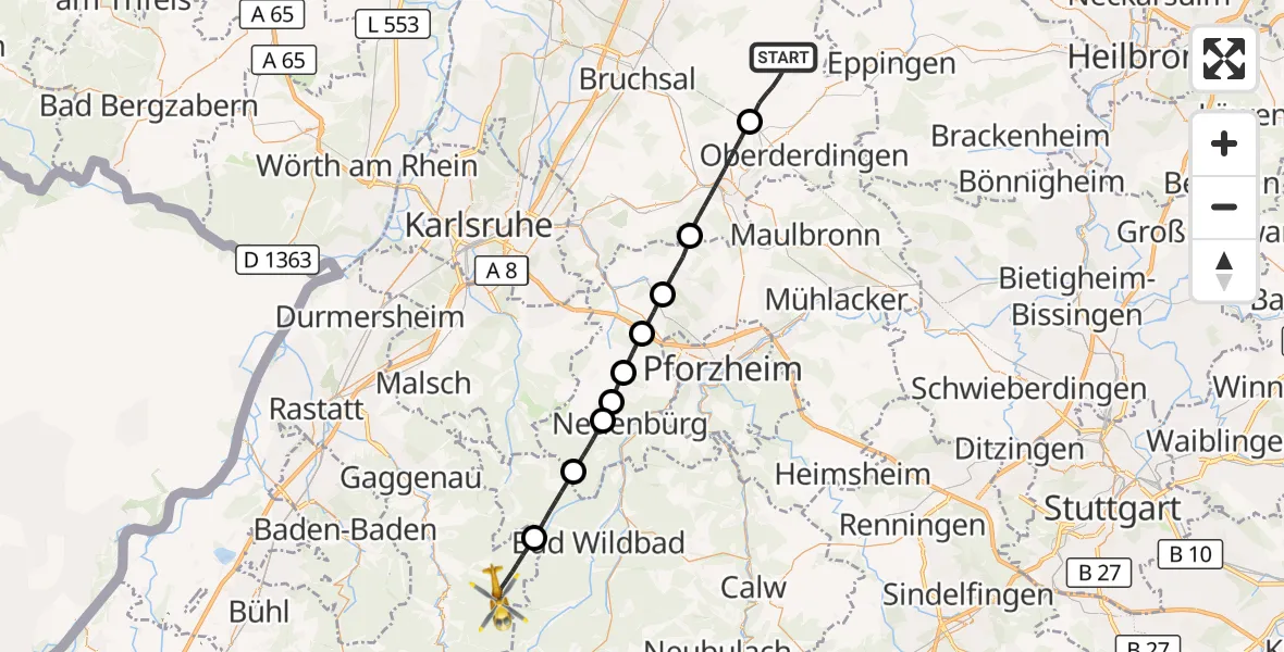 Flugroute Ambulanzhubschrauber Kraichtal - Gernsbach, 04 Oktober 2026, 14:58