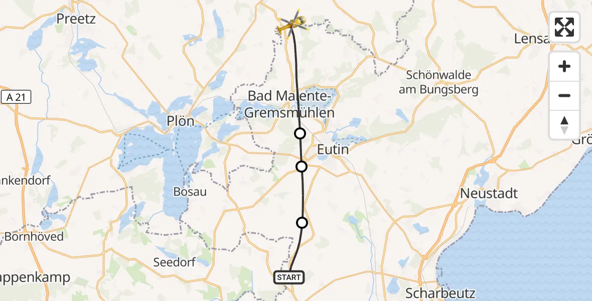 Flugroute Rettungshubschrauber Ahrensbök - Malente, 04 Oktober 2026, 15:00