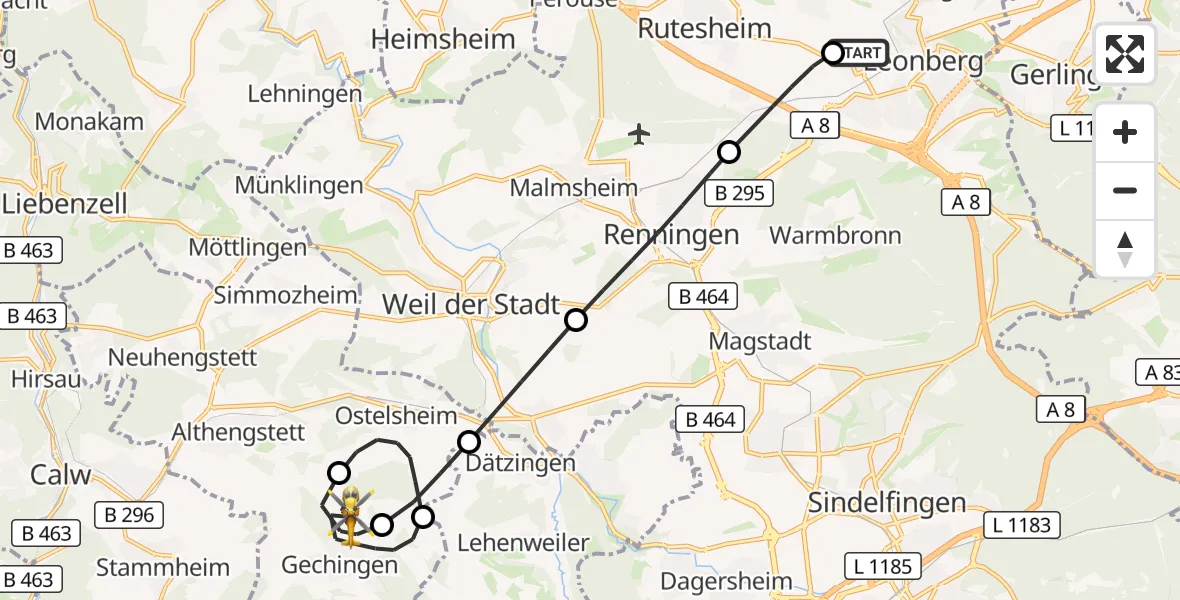Flugroute Rettungshubschrauber Leonberg Hospital - Gechingen, 04 Oktober 2026, 15:11