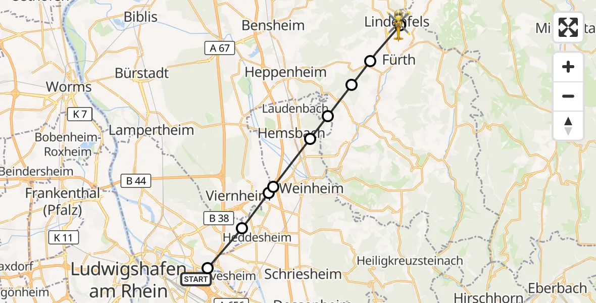 Flugroute Rettungshubschrauber Mannheim-City Flughafen - Lindenfels, 04 Oktober 2026, 15:14