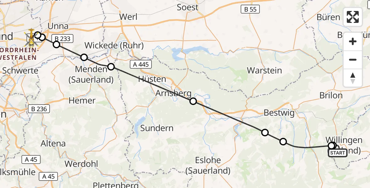 Flugroute Rettungshubschrauber Willingen (Upland) - Dortmund Flughafen, 04 Oktober 2026, 15:23