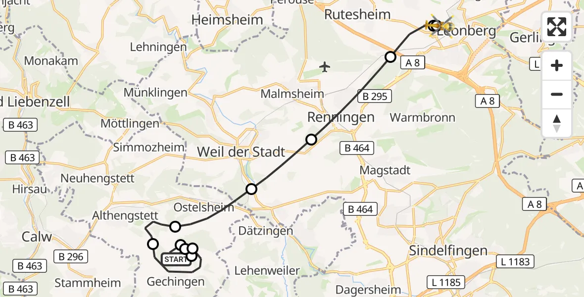 Flugroute Rettungshubschrauber Gechingen - Leonberg Hospital, 04 Oktober 2026, 15:25