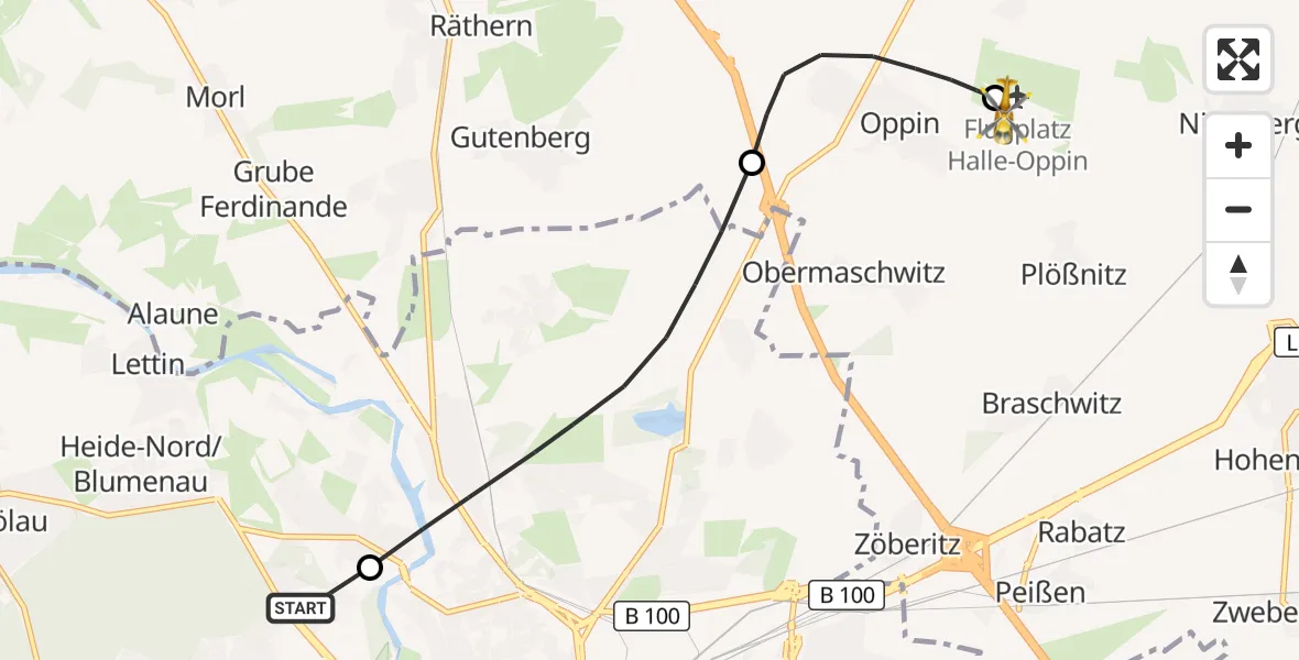 Flugroute Rettungshubschrauber Halle (Saale) University Hospital - Halle-Oppin Flugplatz, 04 Oktober 2026, 15:41