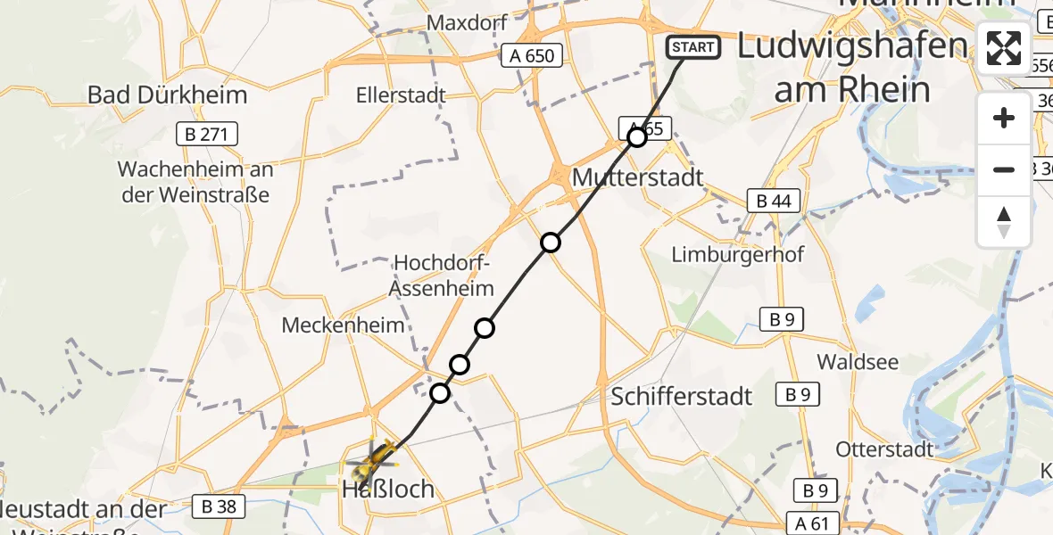Flugroute Rettungshubschrauber Ludwigshafen am Rhein - Haßloch, 04 Oktober 2026, 15:47