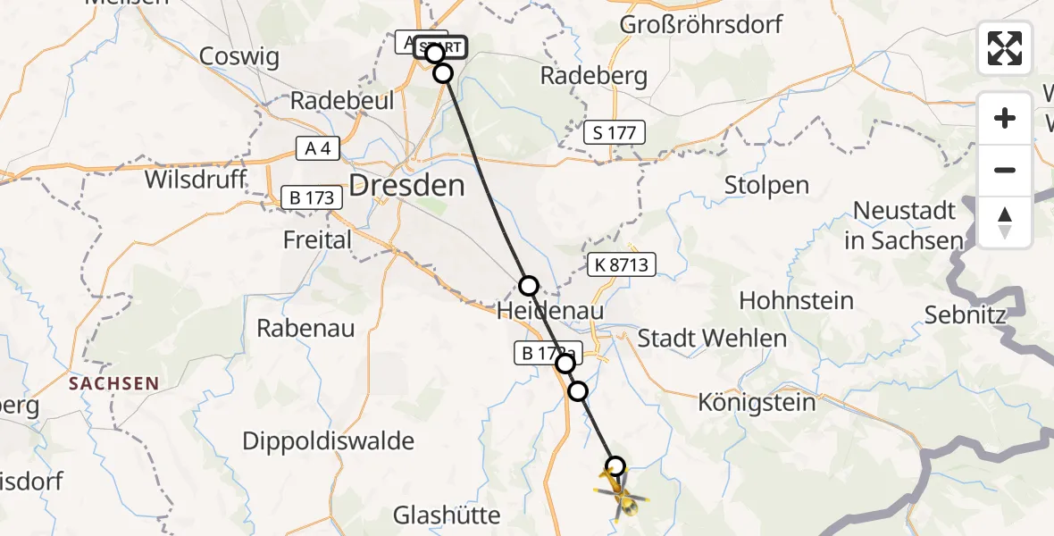 Flugroute Rettungshubschrauber Dresden Bundespolizei Hubschrauberlandeplatz - Bad Gottleuba-Berggießhübel, 04 Oktober 2026, 15:49