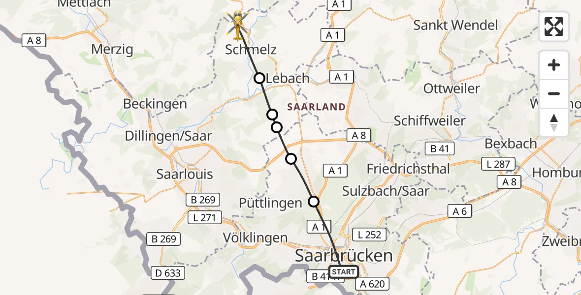 Flugroute Rettungshubschrauber Saarbrücken - Schmelz, 04 Oktober 2026, 15:51