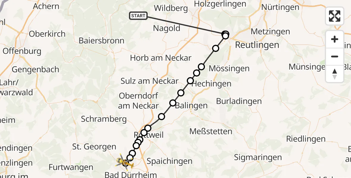 Flugroute Ambulanzhubschrauber Altensteig - DRF Air Rescue Station Villingen-Schwenningen Hubschrauberlandeplatz (Christoph 11), 04 Oktober 2026, 15:59