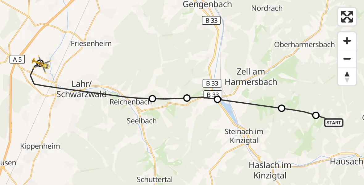 Flugroute Rettungshubschrauber Hausach - Lahr Flughafen, 04 Oktober 2026, 16:01