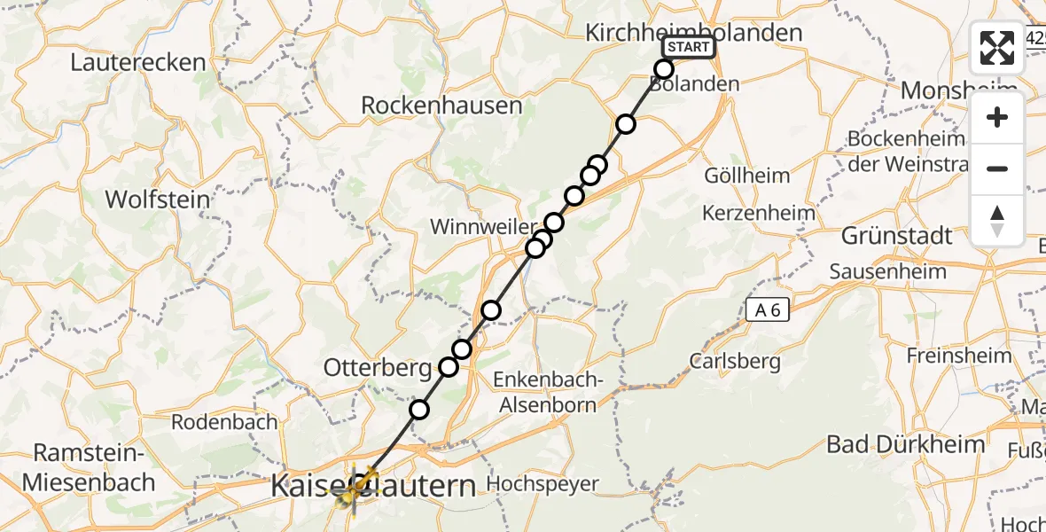 Flugroute Rettungshubschrauber Kirchheimbolanden - Westpfalz Hospital Kaiserslautern, 04 Oktober 2026, 16:02
