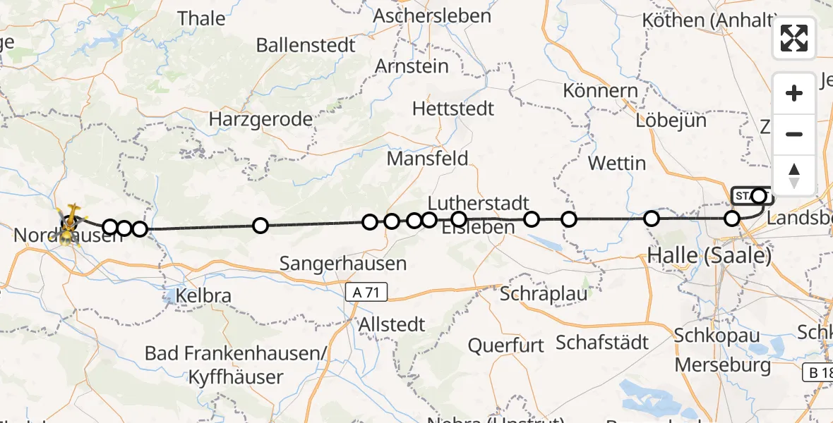 Flugroute Rettungshubschrauber Halle-Oppin Flugplatz - Südharz Hospital Nordhausen, 04 Oktober 2026, 16:05