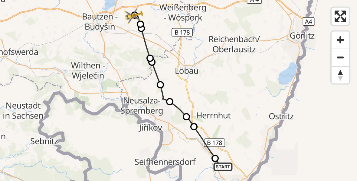 Flugroute Rettungshubschrauber Mittelherwigsdorf - Bautzen Flugplatz, 04 Oktober 2026, 16:07