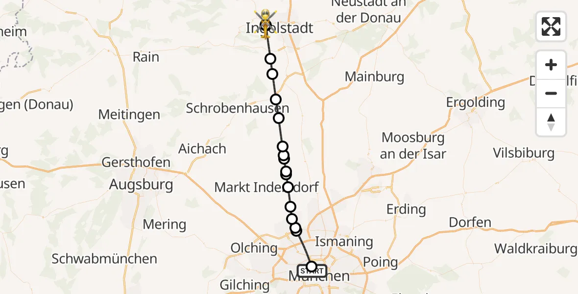 Flugroute Rettungshubschrauber Deutsches Herzzentrum München - Ingolstadt Hospital, 04 Oktober 2026, 16:09