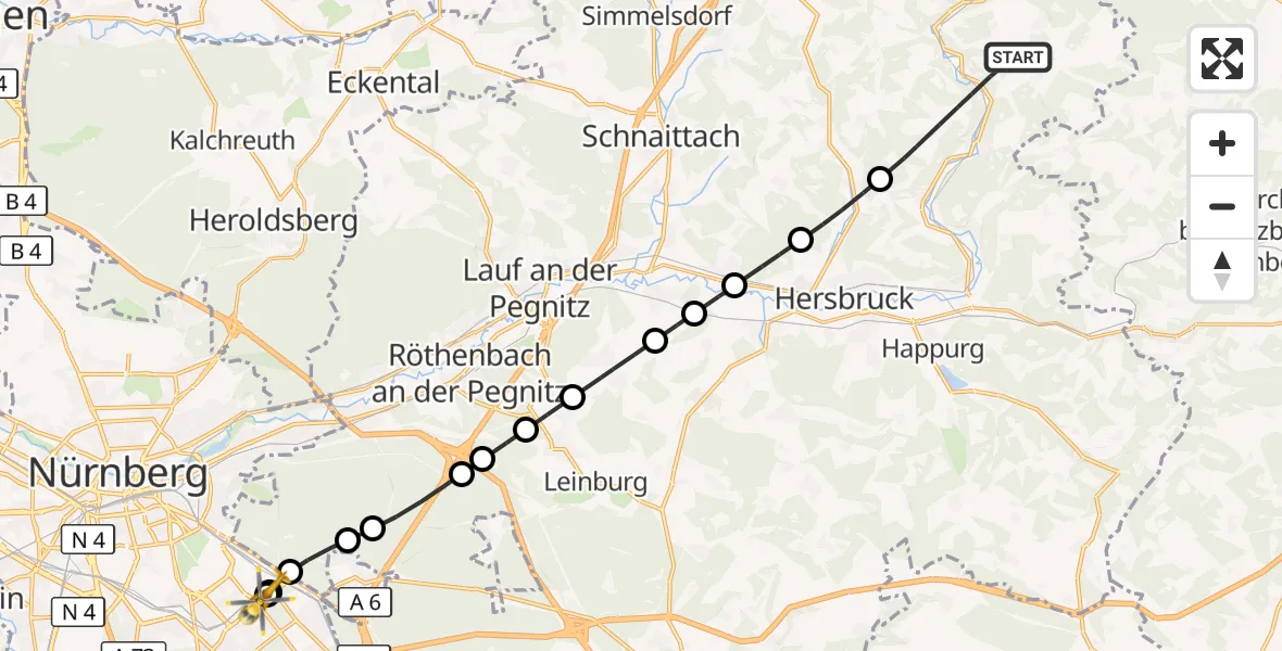 Flugroute Ambulanzhubschrauber Vorra - Nürnberg South Hospital, 04 Oktober 2026, 16:18