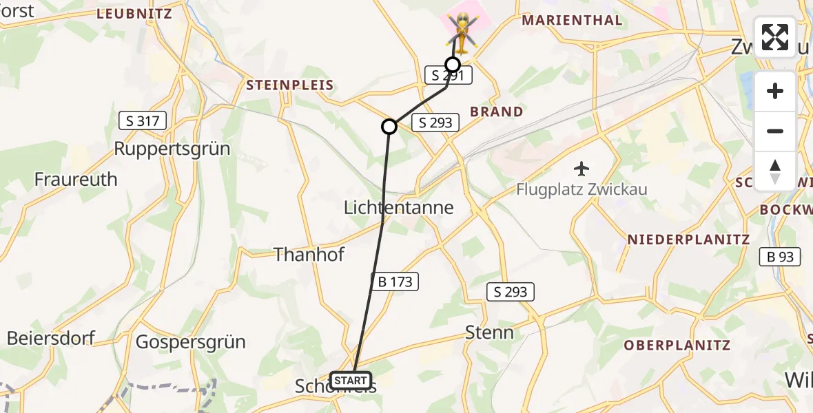 Flugroute Rettungshubschrauber Lichtentanne - ADAC Air Rescue Station Zwickau Hubschrauberlandeplatz, 04 Oktober 2026, 16:20