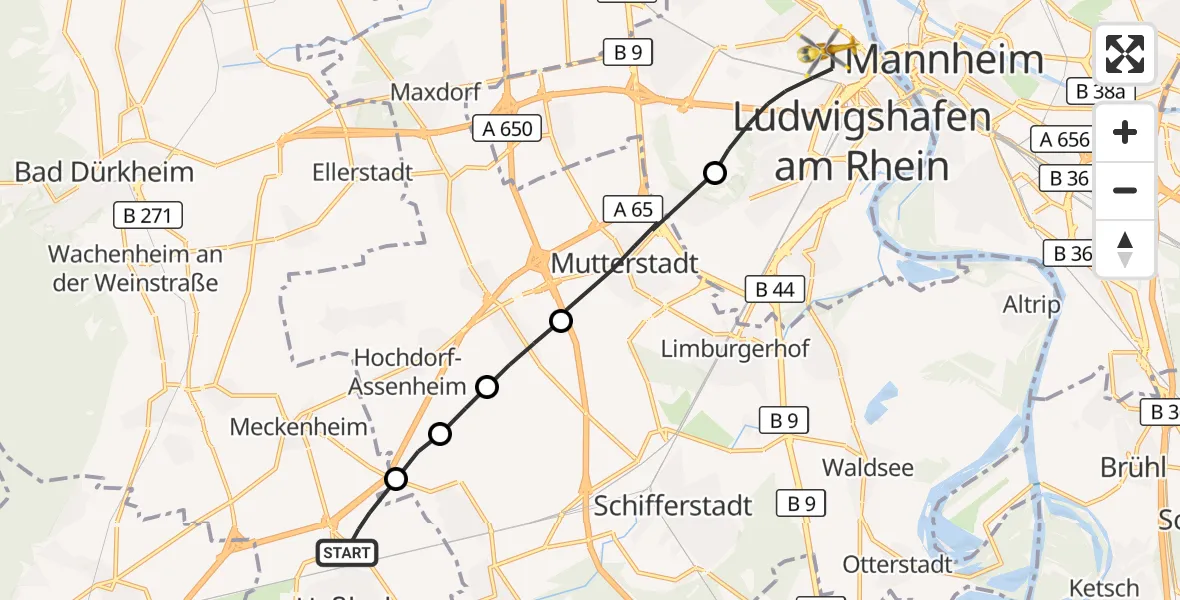 Flugroute Rettungshubschrauber Haßloch - Ludwigshafen am Rhein, 04 Oktober 2026, 16:20