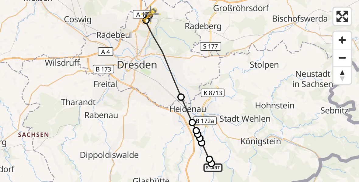 Flugroute Rettungshubschrauber Bad Gottleuba-Berggießhübel - Dresden Bundespolizei Hubschrauberlandeplatz, 04 Oktober 2026, 16:30