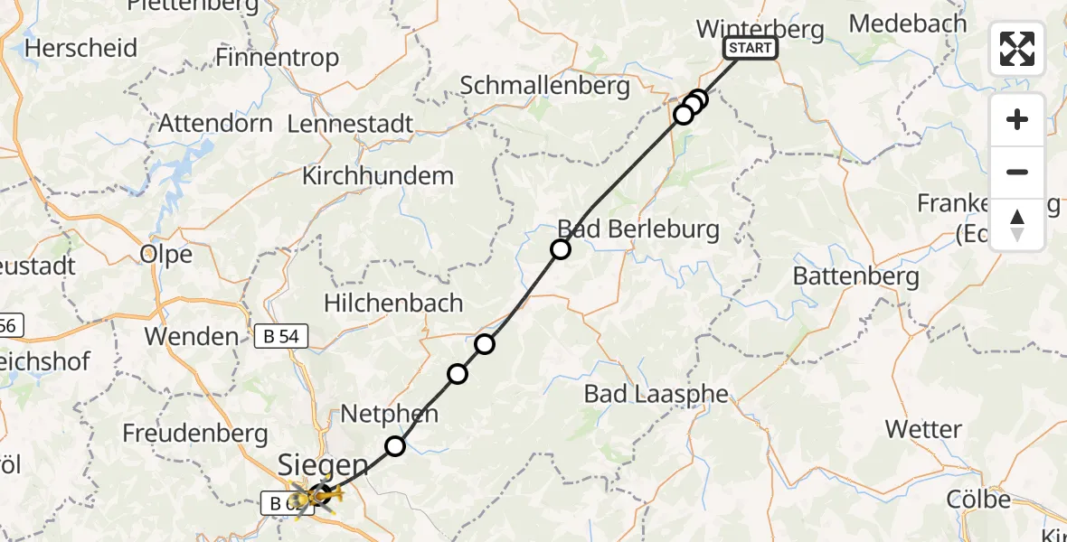 Flugroute Rettungshubschrauber Winterberg - Evangelisches Jung-Stilling Hospital, 04 Oktober 2026, 16:36