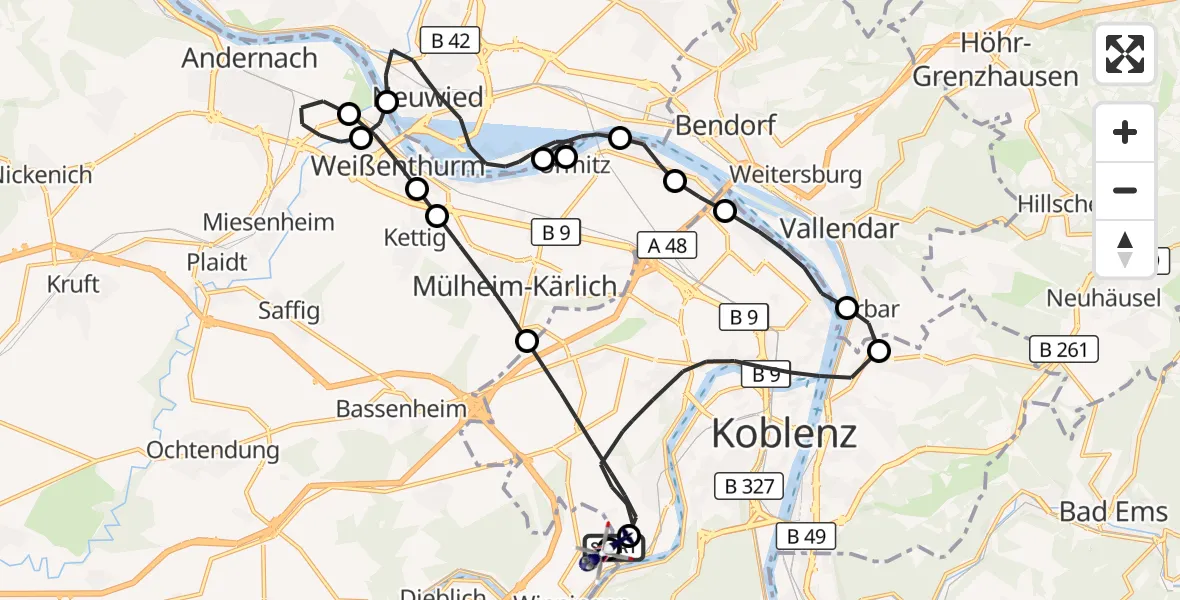 Flugroute Polizeihubschrauber Koblenz-Winningen Flugplatz - Koblenz-Winningen Flugplatz, 04 Oktober 2026, 16:55