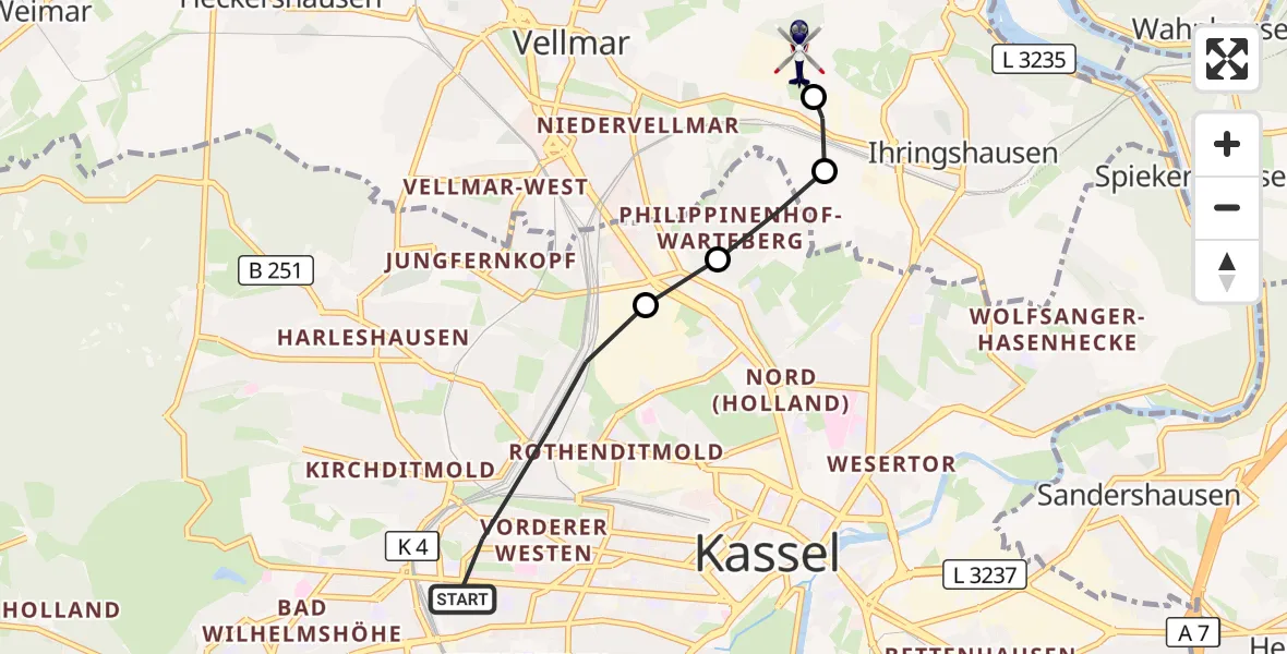 Flugroute Polizeihubschrauber Kassel - Fuldatal Bundespolizei Hubschrauberlandeplatz, 04 Oktober 2026, 16:59