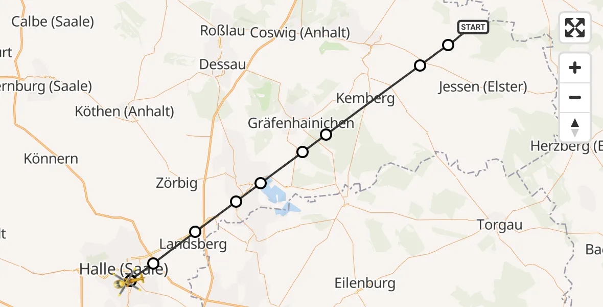 Flugroute Rettungshubschrauber Jessen (Elster) - BG Hospital Bergmannstrost Halle, 04 Oktober 2026, 17:05