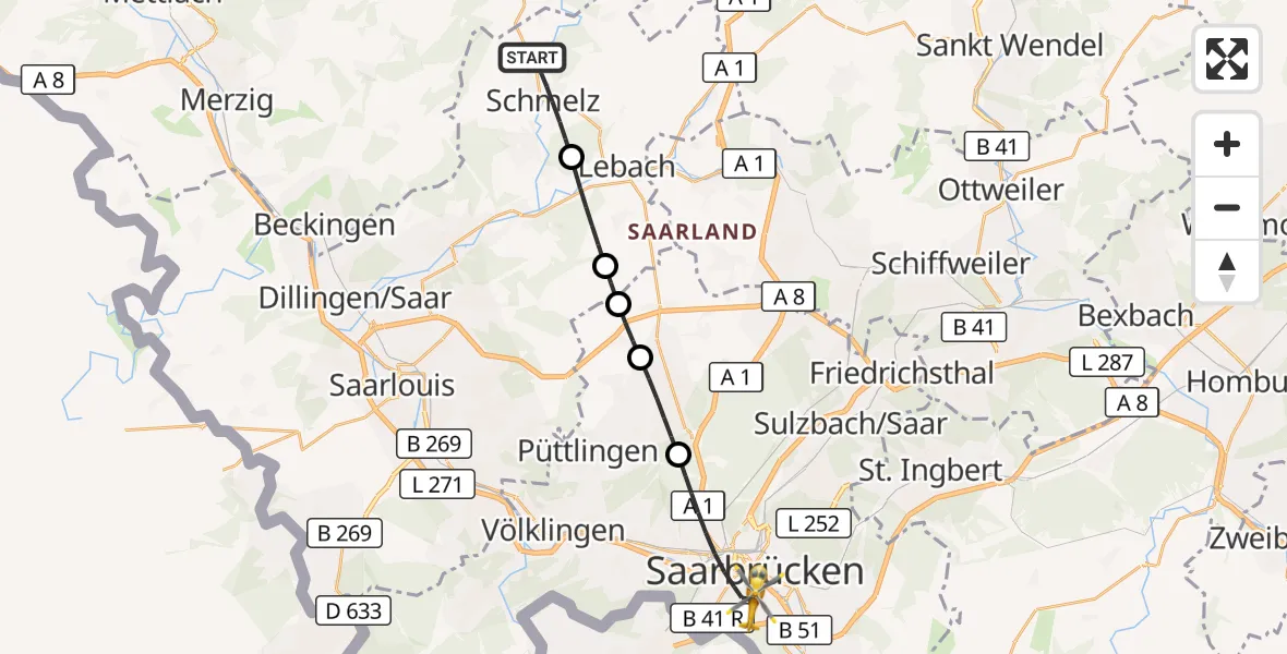 Flugroute Rettungshubschrauber Schmelz - Saarbrücken, 04 Oktober 2026, 17:05