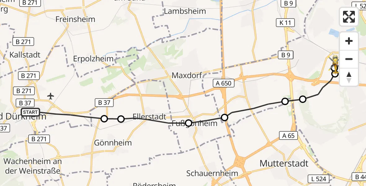 Flugroute Rettungshubschrauber Bad Dürkheim - Ludwigshafen Accident Hospital, 04 Oktober 2026, 17:43