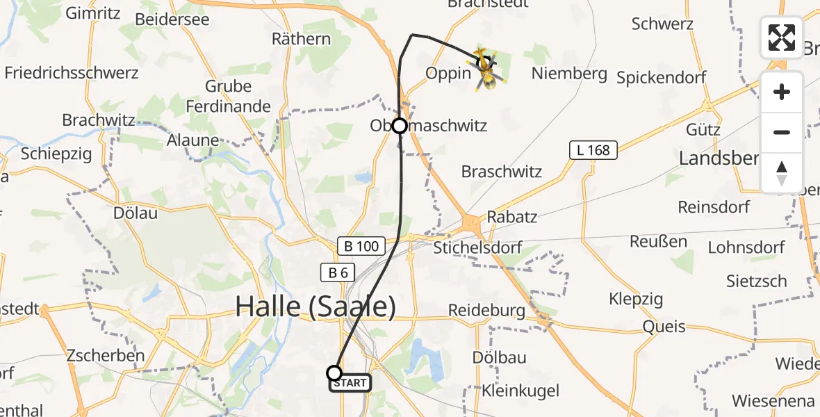 Flugroute Rettungshubschrauber BG Hospital Bergmannstrost Halle - Halle-Oppin Flugplatz, 04 Oktober 2026, 18:07