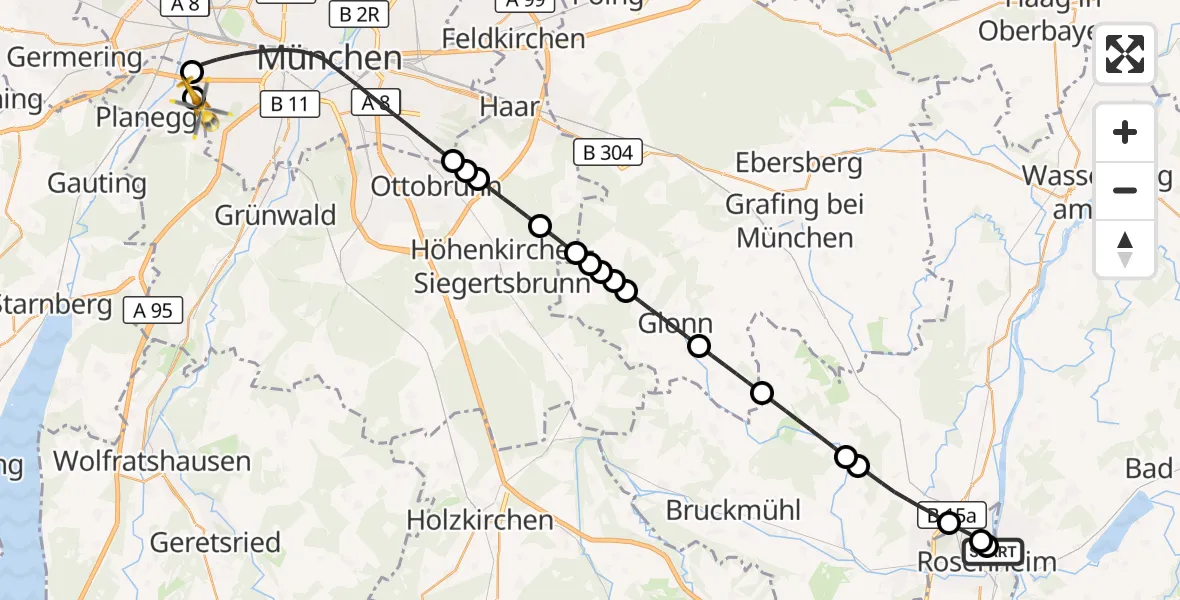 Flugroute Rettungshubschrauber RoMed Hospital Rosenheim - DRF Air Rescue München Hubschrauberlandeplatz, 04 Oktober 2026, 18:30