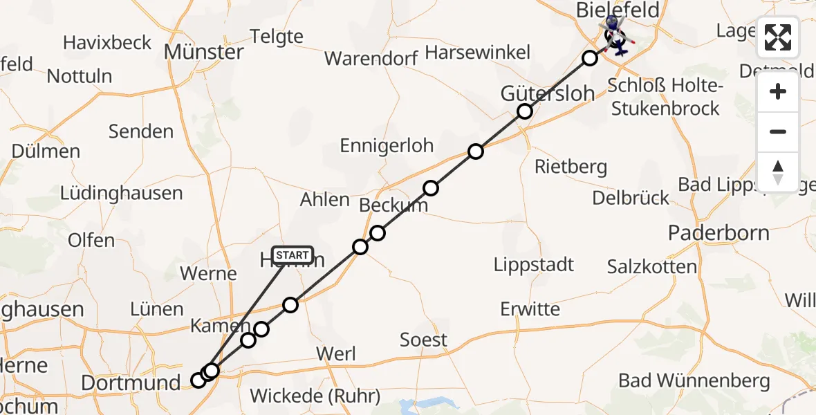 Flugroute Polizeihubschrauber Hamm-Lippewiesen Flugplatz - Luftrettungszentrum Bielefeld, 04 Oktober 2026, 18:39
