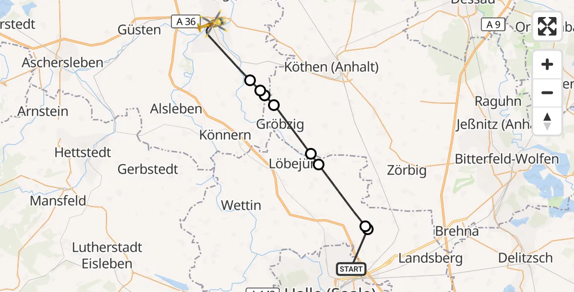 Flugroute Rettungshubschrauber Halle (Saale) - Bernburg (Saale), 04 Oktober 2026, 18:49