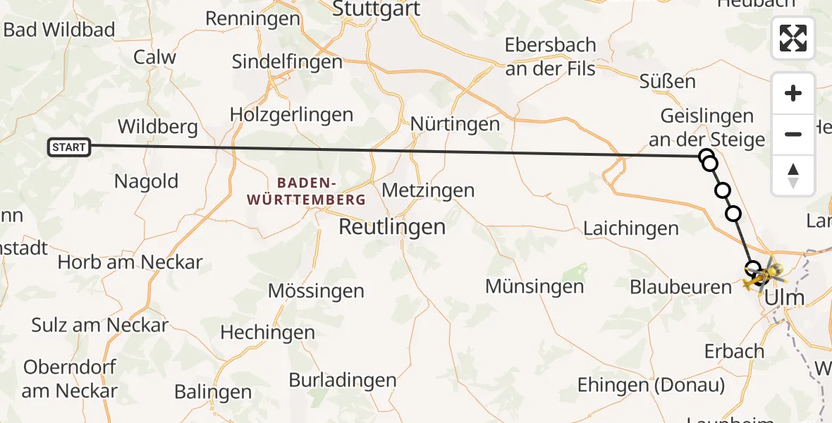 Flugroute Ambulanzhubschrauber Altensteig - Ulm Military Hospital Emergency, 04 Oktober 2026, 19:20